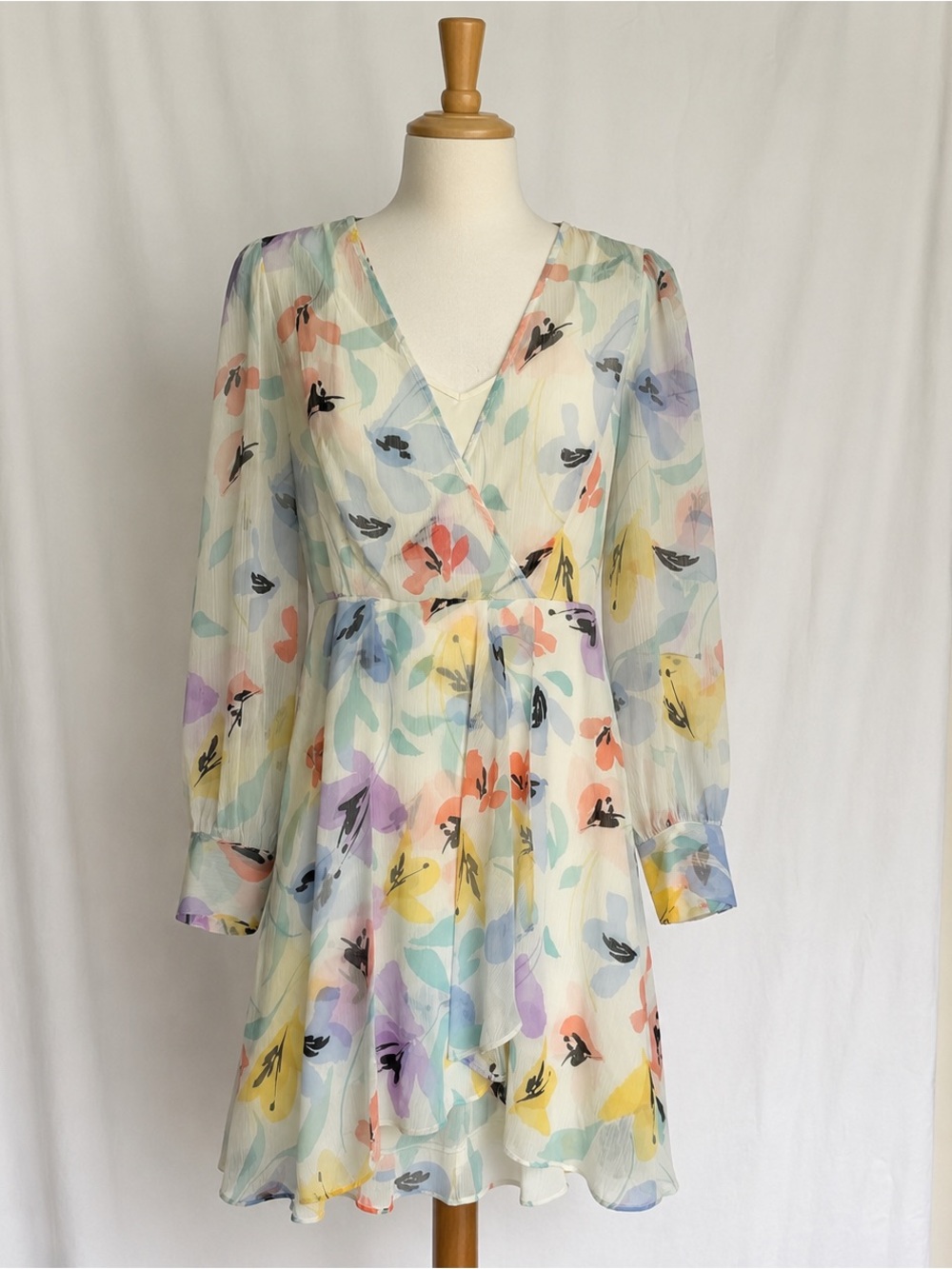 Calvin Klein Sheer Floral Wrap Dress Pastel Long Sleeve Fit & Flare Size 8P